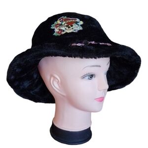 Ed Hardy "Love Kills Slowly" Faux Fur Bucket Hat Skull Roses Tattoo Black OS NWT